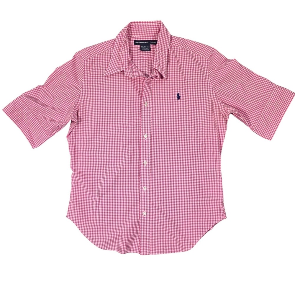 Ralph Lauren Girls Sport Kids Pink Gingham Short Sleeve Button Down Shirt Size14